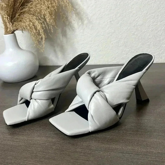 MARC FISHER Gray Knot Comfort Dellian Square Toe Slip On Leather Heeled Sandal - Picture 8 of 12